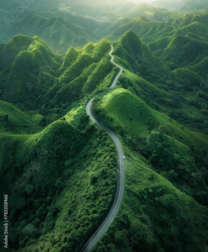 Aerial view of winding road in mountains