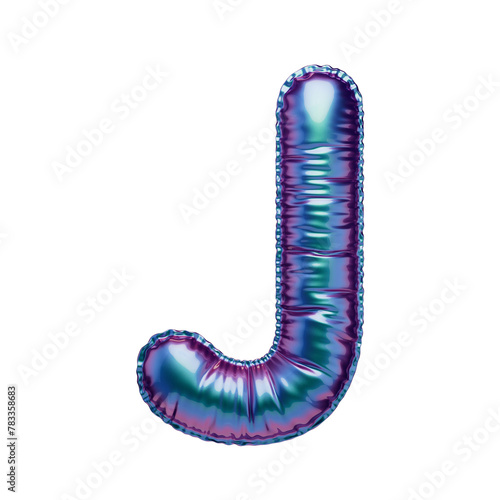Letter J in the form of a blue-green and purple foil balloon isolated on a transparent background. PNG 3D render. Letter of the Latin alphabet. Metallic volumetric letter with matte texture. Holograph