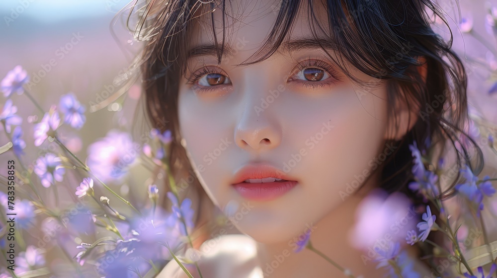 A tight shot of a person holding flowers in front, while a woman's face softly blurs in the backdrop A tight shot of a person holding flowers in front, while a woman's face softly blurs in the backdrop