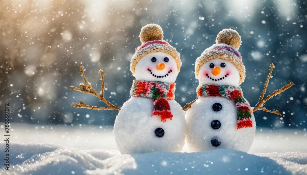 2 snowmen with snow light bright free space blur white background