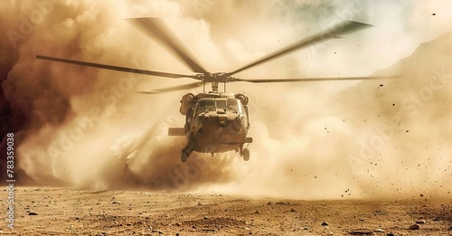 Military chopper takes off in combat and war flying into the smoke and chaos and destruction. Military concept of power, force, strength, air raid. Portrait View. AI generated illustration photo