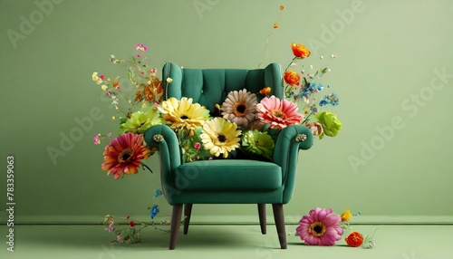 green armchair with colorful flowers on pastel green background advertisement idea creative composition 3d render social media and sale concept