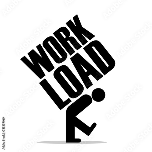 Overwork and work overload - hunched employee, man and person is carrying work on back. Heavy weight of excessive load in job, occupation and employment. Vector illustration isolated on white.