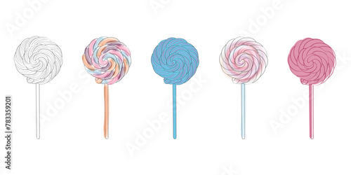 A row of colorful lollipops are arranged on top of each other, creating a vertical stack. The candies vary in flavor and are displayed in a neat and orderly fashion