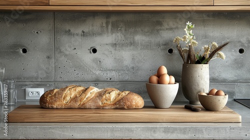  A loaf of bread on the counter, beside a bowl of eggs and a vase with flowers