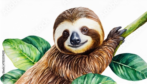 watercolour unau sloth isolated on white background hand painting realistic wild animal illustration clip art photo