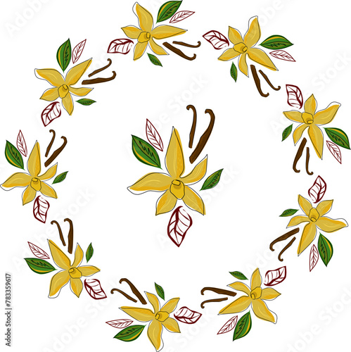 Tropical  wreath, frame. Vector decor, doodle style. .Vanilla flowers