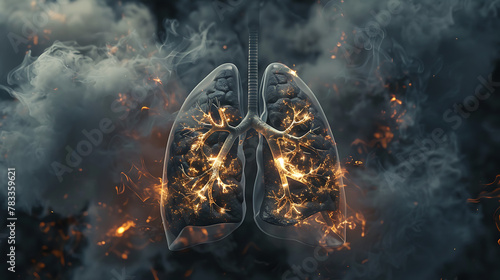 a pair of human lungs surrounded by smoke, with the insides of the lungs appearing to be on fire.