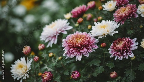 chrysanthemums on a green background chrysanthemums and asters flowers delicate floral background in pastel colors autumn perennial flowers bush double chrysanthemum flower beautiful pink and © Francesco