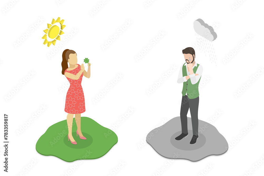 3D Isometric Flat Illustration of Lucky And Unlucky People, Stressed Unhappy vs Smiling Optimistic Person 3D Isometric Flat Illustration of Lucky And Unlucky People, Stressed Unhappy vs Smiling Optimistic Person