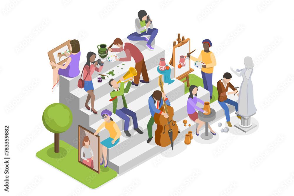 Fototapeta premium 3D Isometric Flat Illustration of Art Society, Collection of Hobbies and Modern Professions