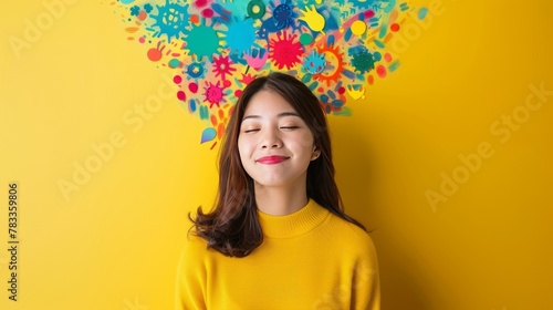 Happiness, joy, thinking positive, having good thoughts in mind. Asian woman head in the sunshine. Mental health concept.