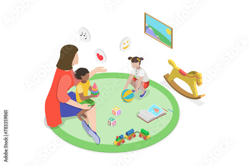 Slika na platnu 3D Isometric Flat  Illustration of Family Nanny, Babysitting and Daycare