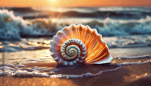a delicate seashell with its spirals turning into waves crashing on a beach at dawn