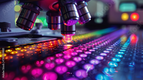 An artistic image of a microscope with a colorful sample illuminated under th...