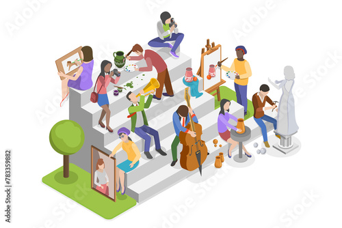 3D Isometric Flat  Illustration of Art Society, Collection of Hobbies and Modern Professions