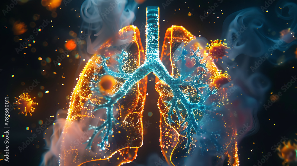 a pair of human lungs enveloped by particles and pathogens, vividly illustrating concepts related to respiratory health or diseases. - obrazy, fototapety, plakaty 