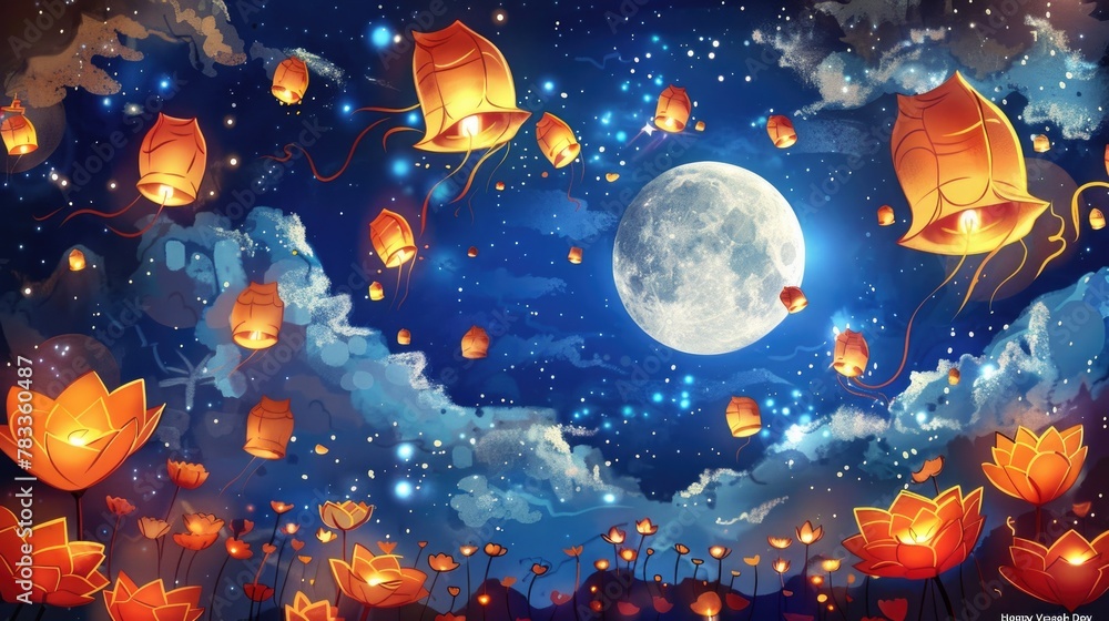 Lantern Festival Under the Full Moon. A vivid illustration of a Lantern Festival, with floating lights ascending into a starry night sky, crowned by a luminous full moon. Vesak Day Lantern Festival Under the Full Moon. A vivid illustration of a Lantern Festival, with floating lights ascending into a starry night sky, crowned by a luminous full moon. Vesak Day