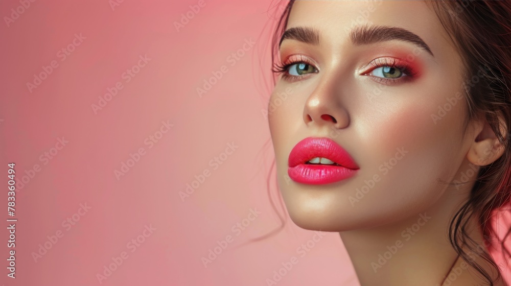 Fototapeta premium Woman With Blue Eyes on Pink Background
