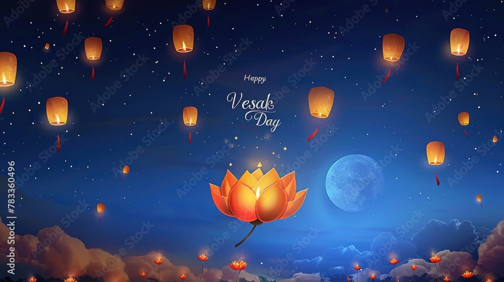 Lantern Festival Under the Full Moon. A vivid illustration of a Lantern Festival, with floating lights ascending into a starry night sky, crowned by a luminous full moon. Vesak Day