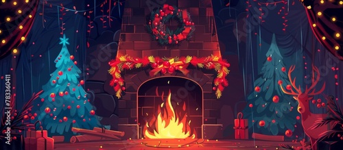 Winter-themed illustration featuring a festive fireplace, presents, and decorated trees creating a warm and inviting atmosphere for the holiday season