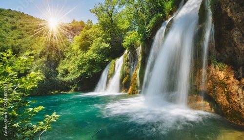 waterfall over rock and greenery with sun from left through foliage croatia © Francesco