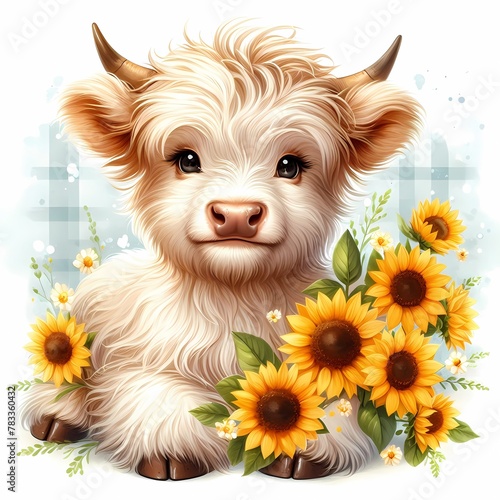 Illustration of a cute baby Highland cow with long hair and sunflowers photo