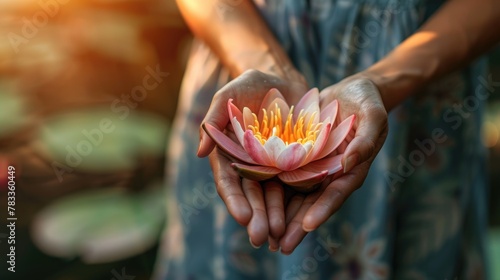 Hands Offering Lotus Flower for Vesak Day. Hands gently cradle a blooming pink lotus flower, symbolizing purity and enlightenment for Vesak Day