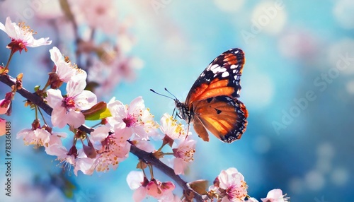 the butterfly is flies by pink cherry blossoms branch on the blurred blue sky background long banner with spring flowers of cherries tree