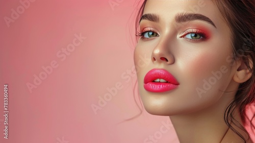Woman With Blue Eyes on Pink Background