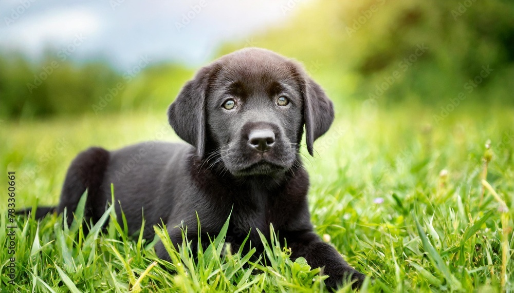 cute labrador dog puppy with black fur lies in the grass