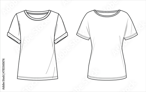 Vector round neck top fashion CAD, woman 2 peaces set t shirt  technical drawing, short sleeved top with frills flat, template, sketch. Jersey or woven fabric blouse with front, back view, white color