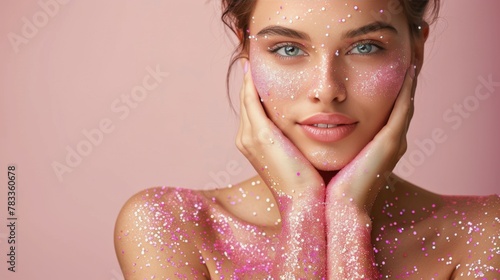 Woman With Blue Eyes on Pink Background