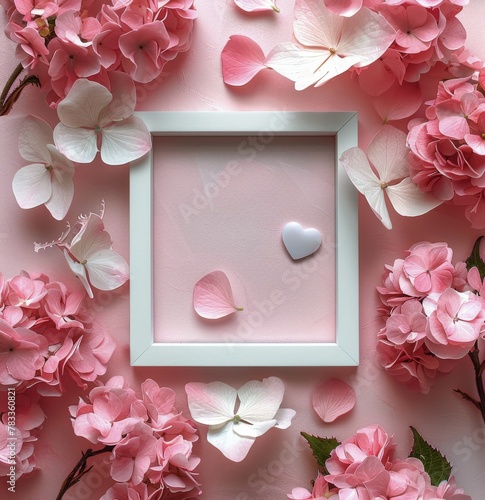 Frame With Pink Flowers and Hearts on Pink Background