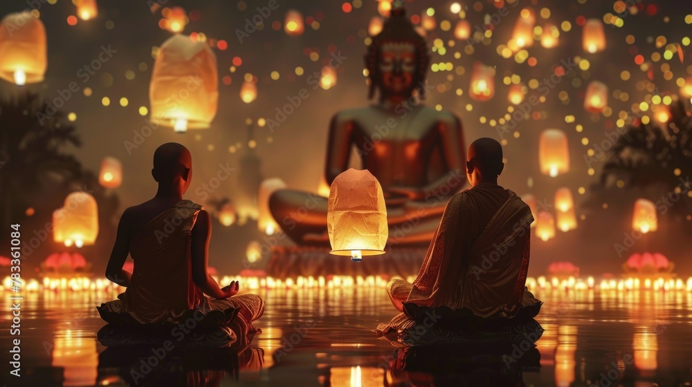Monk Releasing Lantern During Vesak. A Buddhist monk releases a floating lantern into the twilight sky, an evocative symbol of release and hope, with a golden Buddha statue in soft focus