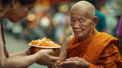 Joyful Offering to a Buddhist Monk. A Buddhist monk receives a heartfelt offering of flowers with a gentle smile. Vesak day. Reverent Alms Offering to a Monk