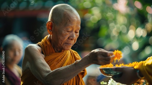 Joyful Offering to a Buddhist Monk. A Buddhist monk receives a heartfelt offering of flowers with a gentle smile. Vesak day. Reverent Alms Offering to a Monk © Rodica