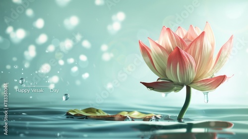 Serene Lotus on Vesak Day. A delicate lotus flower emerges above tranquil waters  symbolizing purity and spiritual awakening on the auspicious occasion of Vesak Day