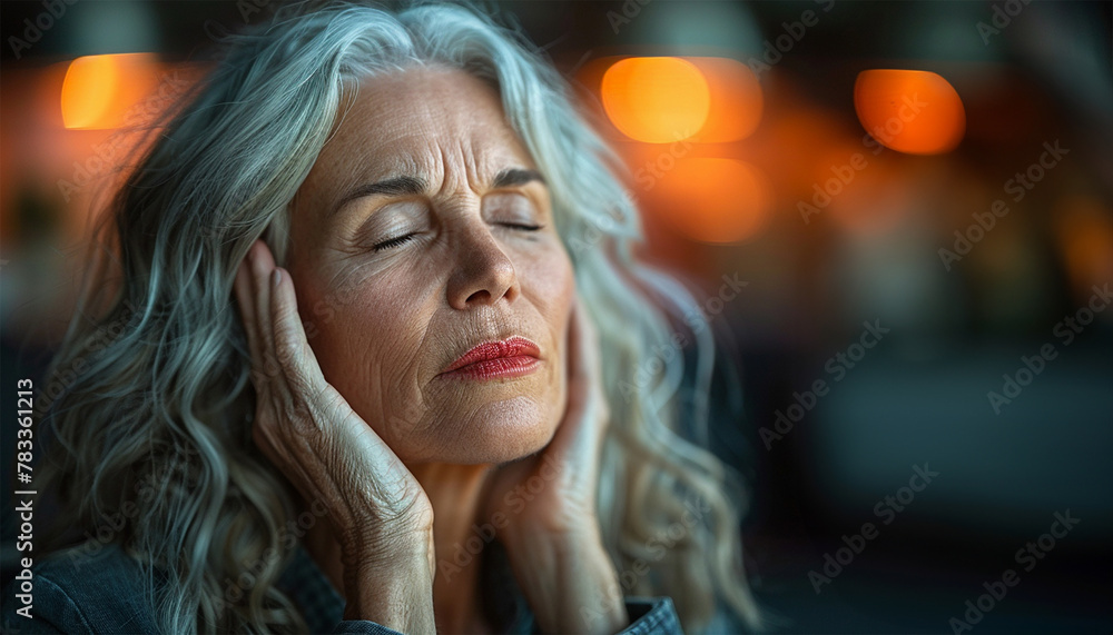 Close up view of scared upset middle aged older woman feeling afraid stressed face thinking of disease or mental problems having strong headache suffer from panic attack or memory loss concept Close up view of scared upset middle aged older woman feeling afraid stressed face thinking of disease or mental problems having strong headache suffer from panic attack or memory loss concept