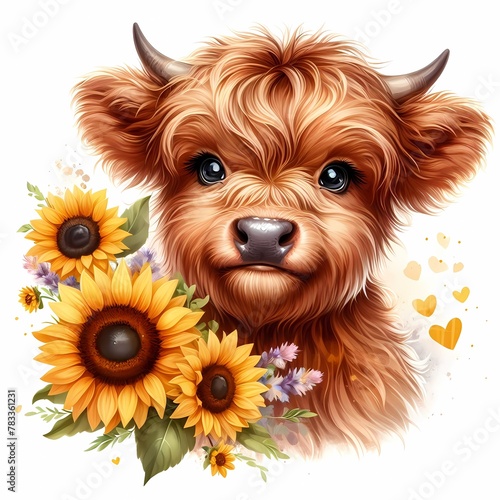 Illustration of a cute baby Highland cow with long hair and sunflowers