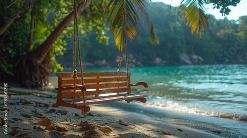 Swing Hanging From Palm Tree on Beach