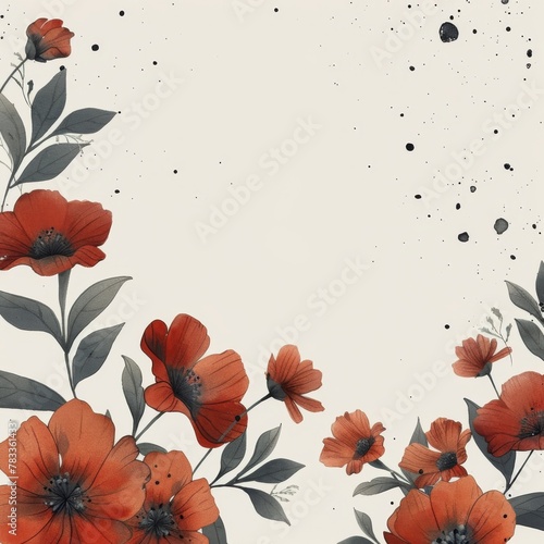 White Background With Red Flowers and Leaves