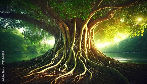 the banyan tree has wide roots and it also has aerial roots that can grow into a trunk photo