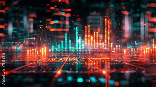 Glowing financial bar chart on a dynamic digital grid, illustrating market trends and data analysis. Growth charts. Ideal for concepts related to stock trading, economic forecasts. Background.