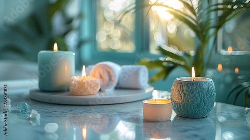 Table With Candles and Potted Plant