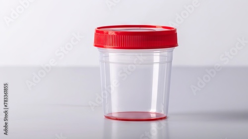 Empty Medical specimen container for urine analysis. Clear cup with secure blue cap. Concept of laboratory processing, kidney health, and diagnostic procedures. White backdrop
