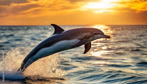 beautiful dolphin leaping jumping from shining sunset sea water surface