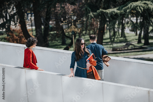 A group of businesspeople relax outside, taking in the serenity of a green park on a sunny day.