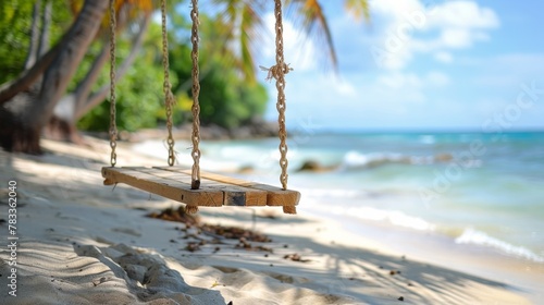 Swing Hanging From Palm Tree on Beach