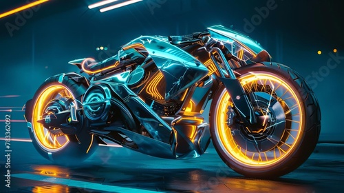 futuristic cyberpunk motorcycle with sleek aerodynamic design neon lights and holographic display scifi 3d illustration